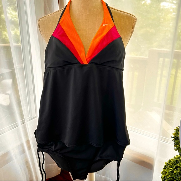 Nike Two Piece Swimsuit Black with Orange and Pink Size 8 - Picture 3 of 15